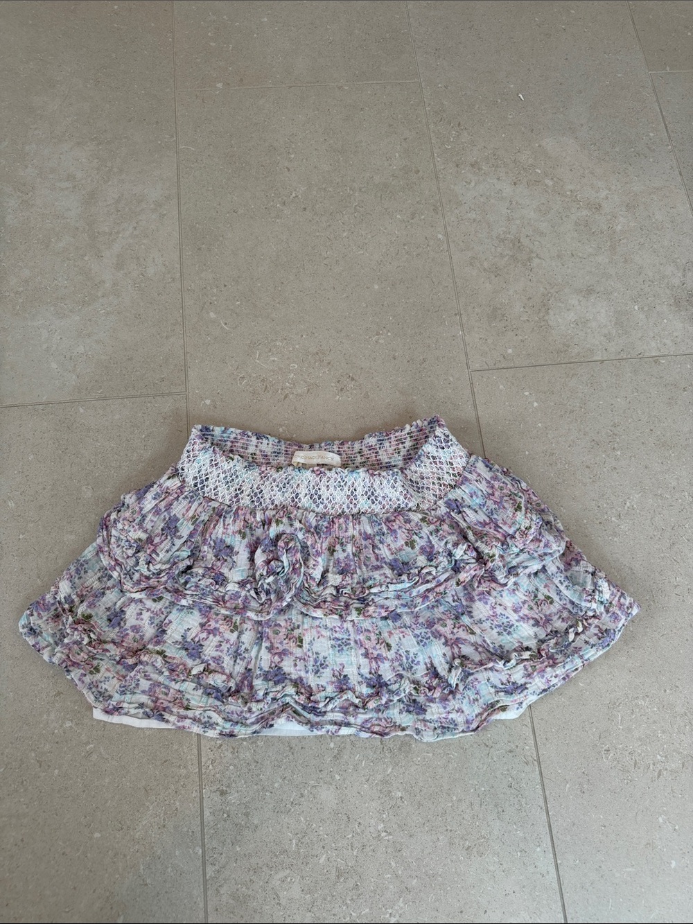 LoveShackFancy White Floral Ruffle Skirt with Purple and Pink Accents
